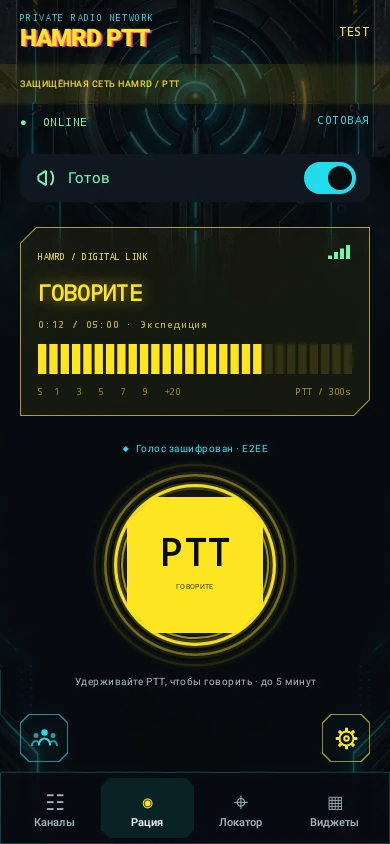 HAMRD PTT 0.2.1 — передача: Уровень голоса и время в эфире.